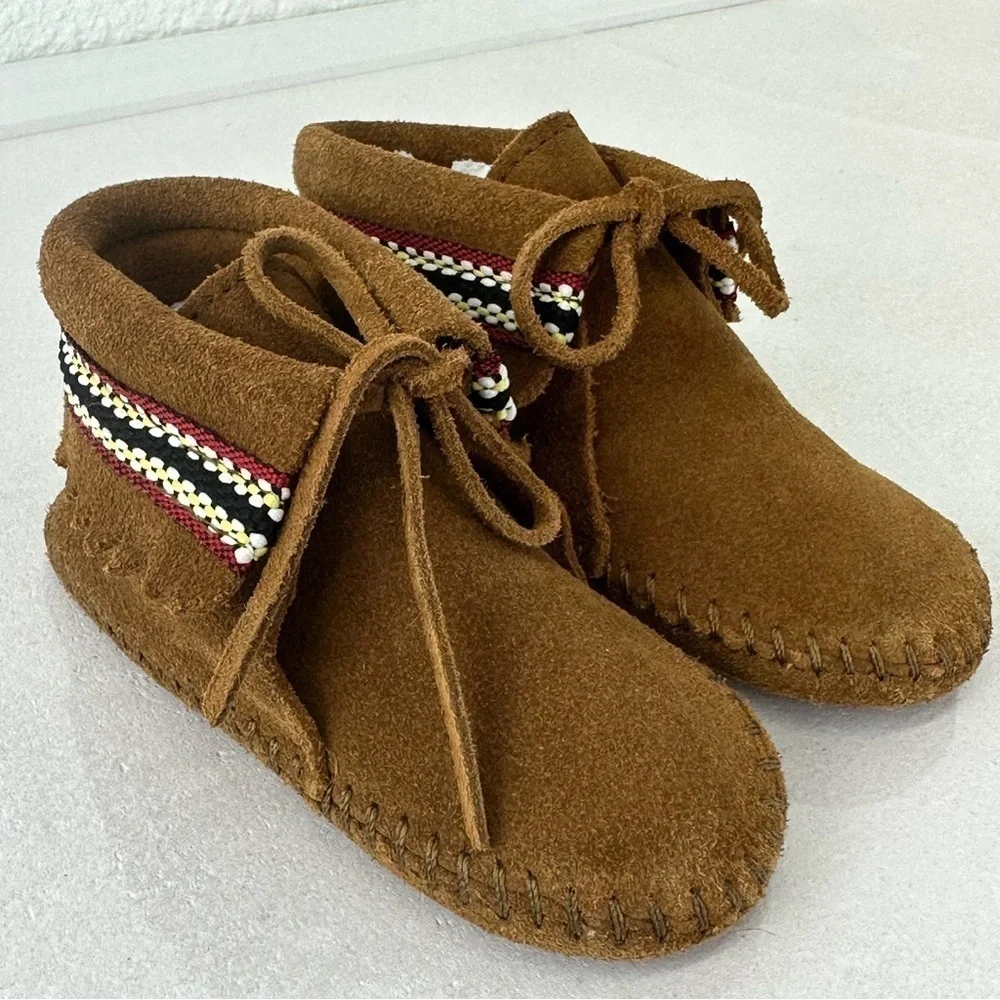 MINNETONKA Moccasins Suede Braid Bootie Brown Infant Size 6 Boots Leather